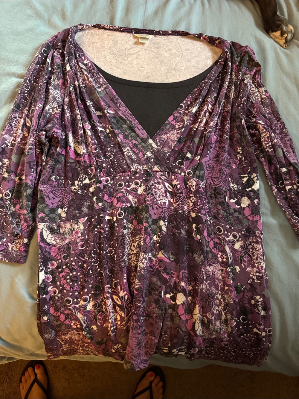 Christopher & Banks Purple Print Wrap-Style Tunic with Black Insert